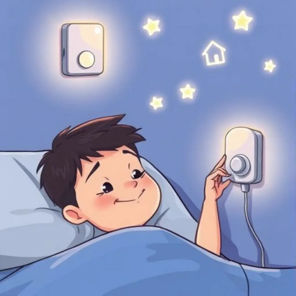 Niño en la cama sonríe, viendo patrones de luz creados por Candil en la pared.