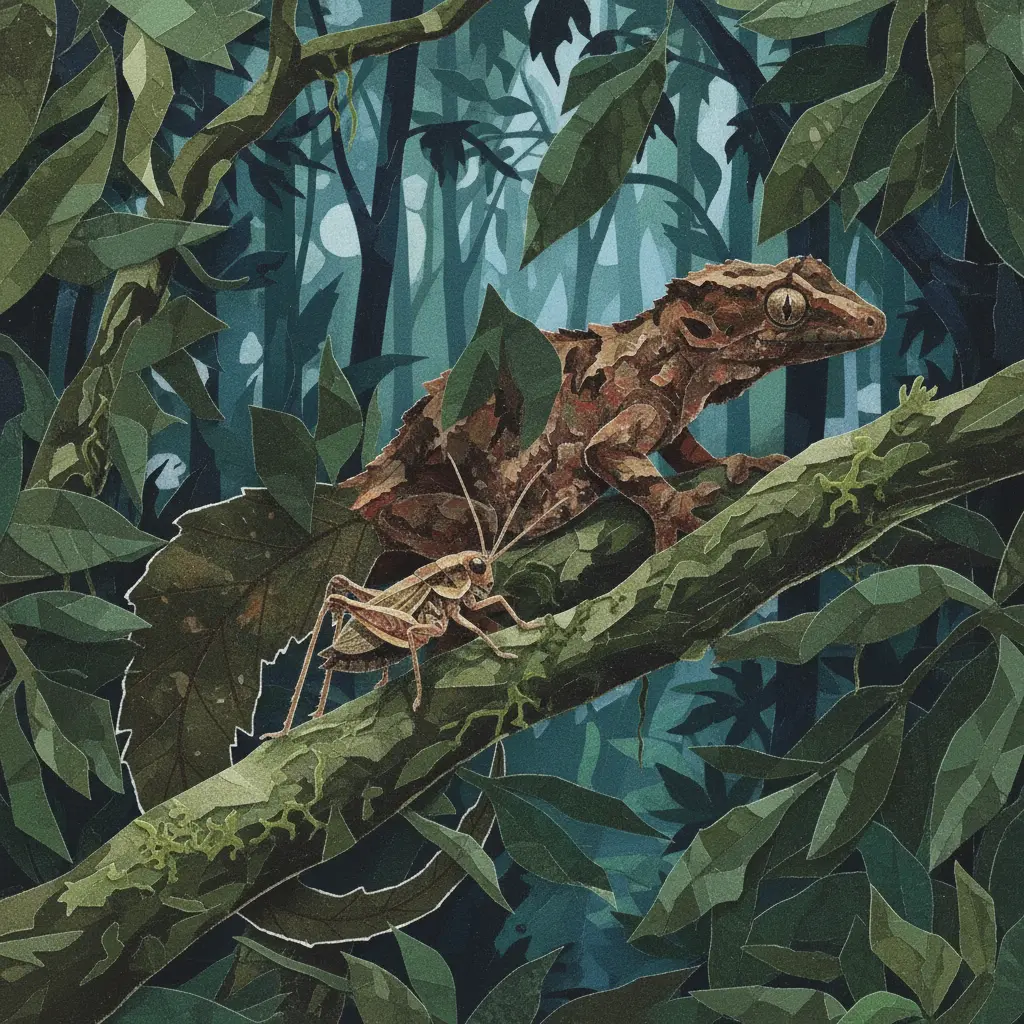 Un grillo camina por una rama cerca de la cola del gecko que parece una hoja muerta.