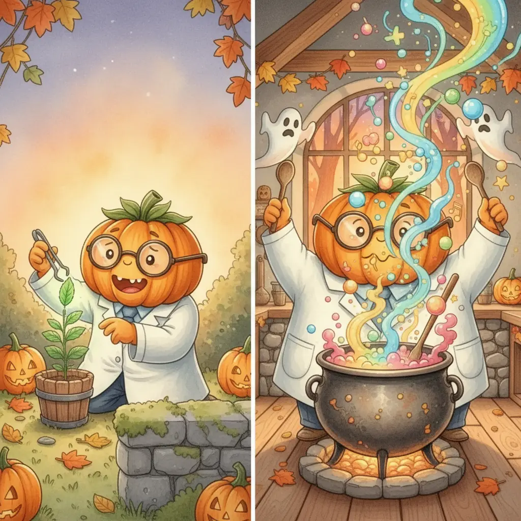 El Profesor Calabacín encuentra la hoja de menta en el jardín y la poción casi termina su canción.