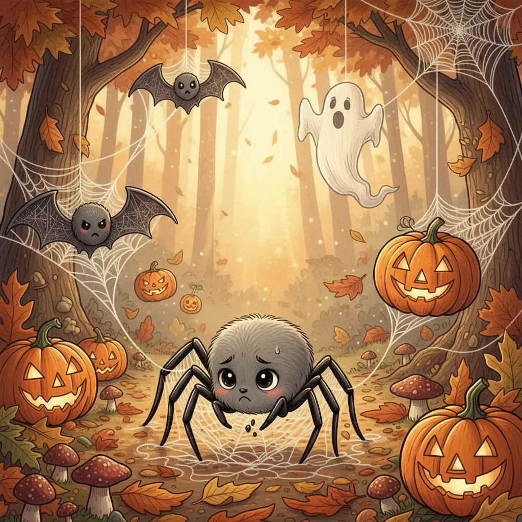 Telarañita, una arañita pequeña y linda, intenta tejer una telaraña de murciélago en un claro del bosque lleno de luz diurna, pero sus patitas se enredan. Sus primas, arañas más grandes, tejen fácilmente telarañas de fantasmas y calabazas a su alrededor.