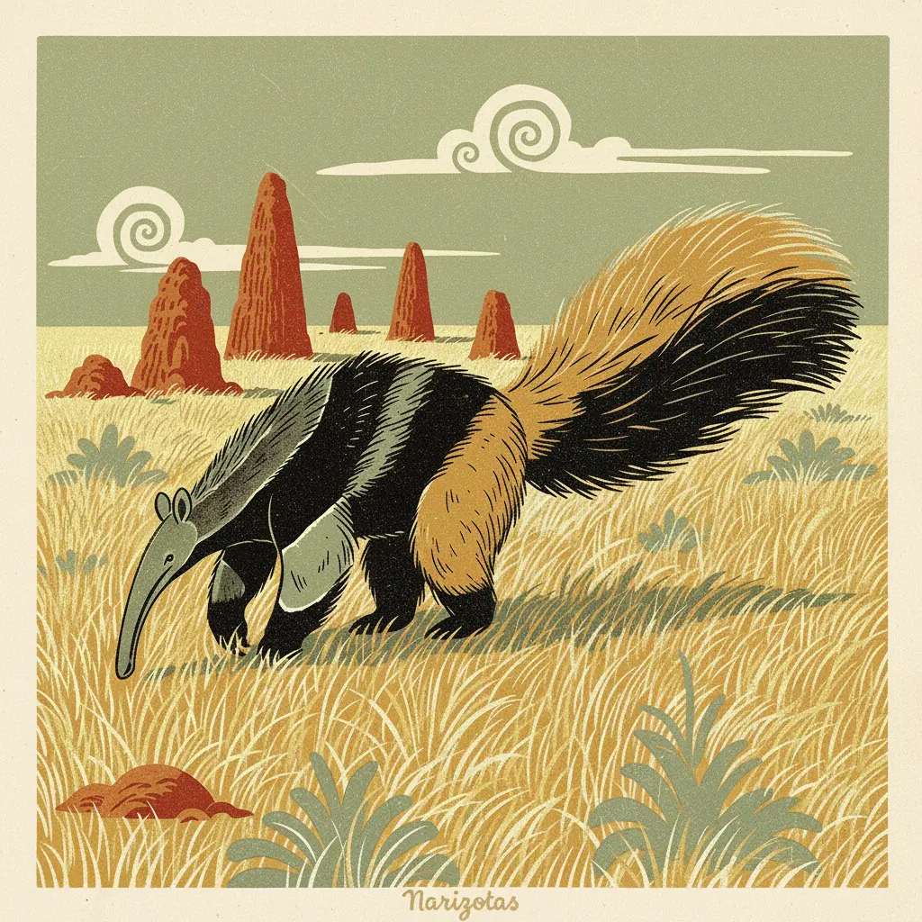 Un oso hormiguero gigante olfateando el suelo de la sabana.