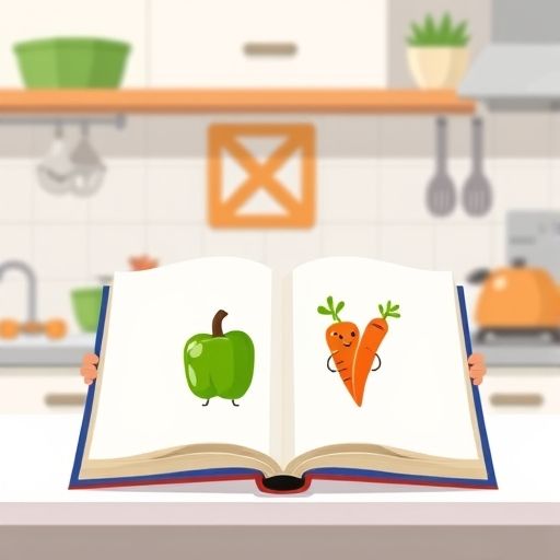 Libro Cocinero abierto, un pimiento y una zanahoria dibujados bailan en sus páginas.