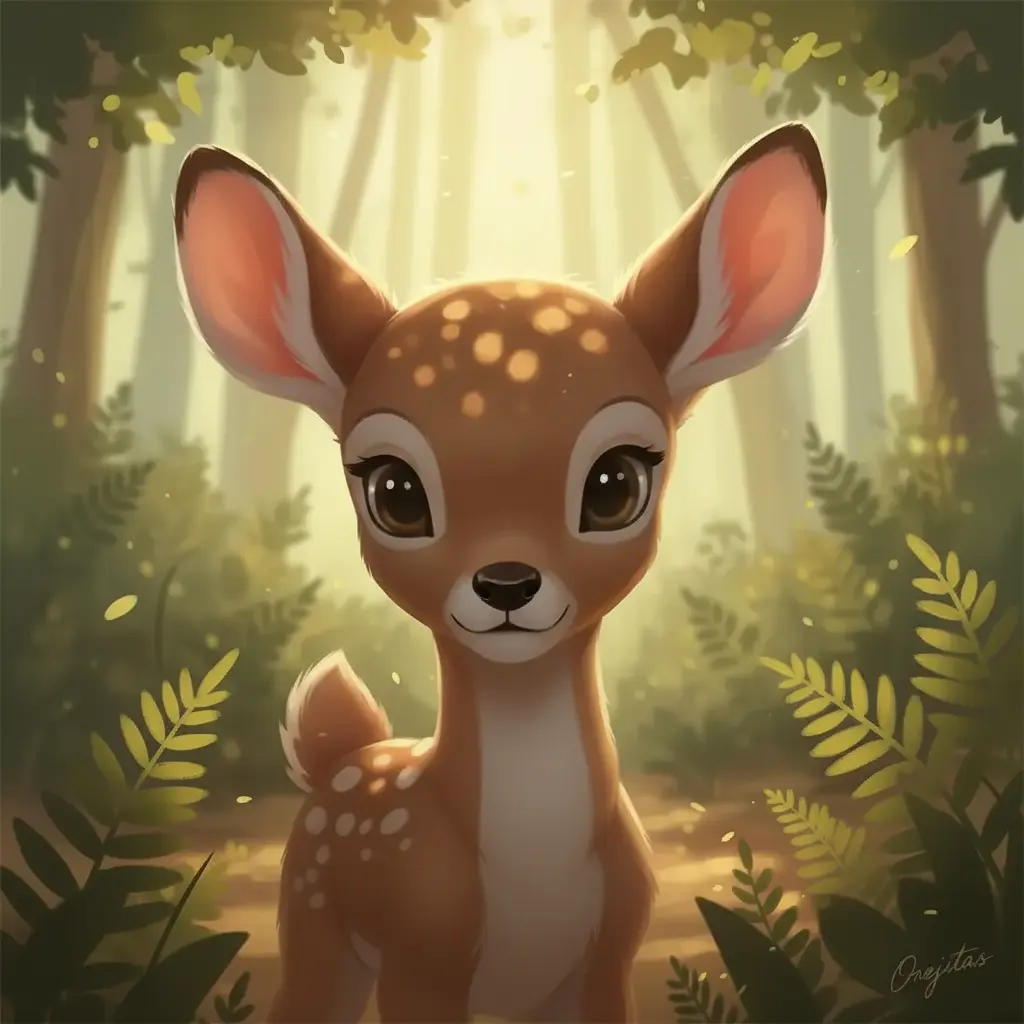 Orejitas camina con calma por el bosque, disfrutando de la paz y los sonidos de la naturaleza.