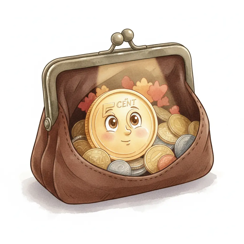 Centavito, una moneda brillante, anhelando aventuras desde el interior de un monedero oscuro.