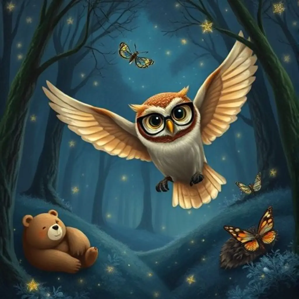 Sueños el búho volando por un bosque mágico iluminado por estelas de escarcha brillante, con animales durmiendo pacíficamente.