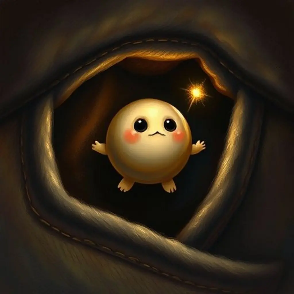 Bip, un botón brillante, salta en un bolsillo oscuro, creando luz.