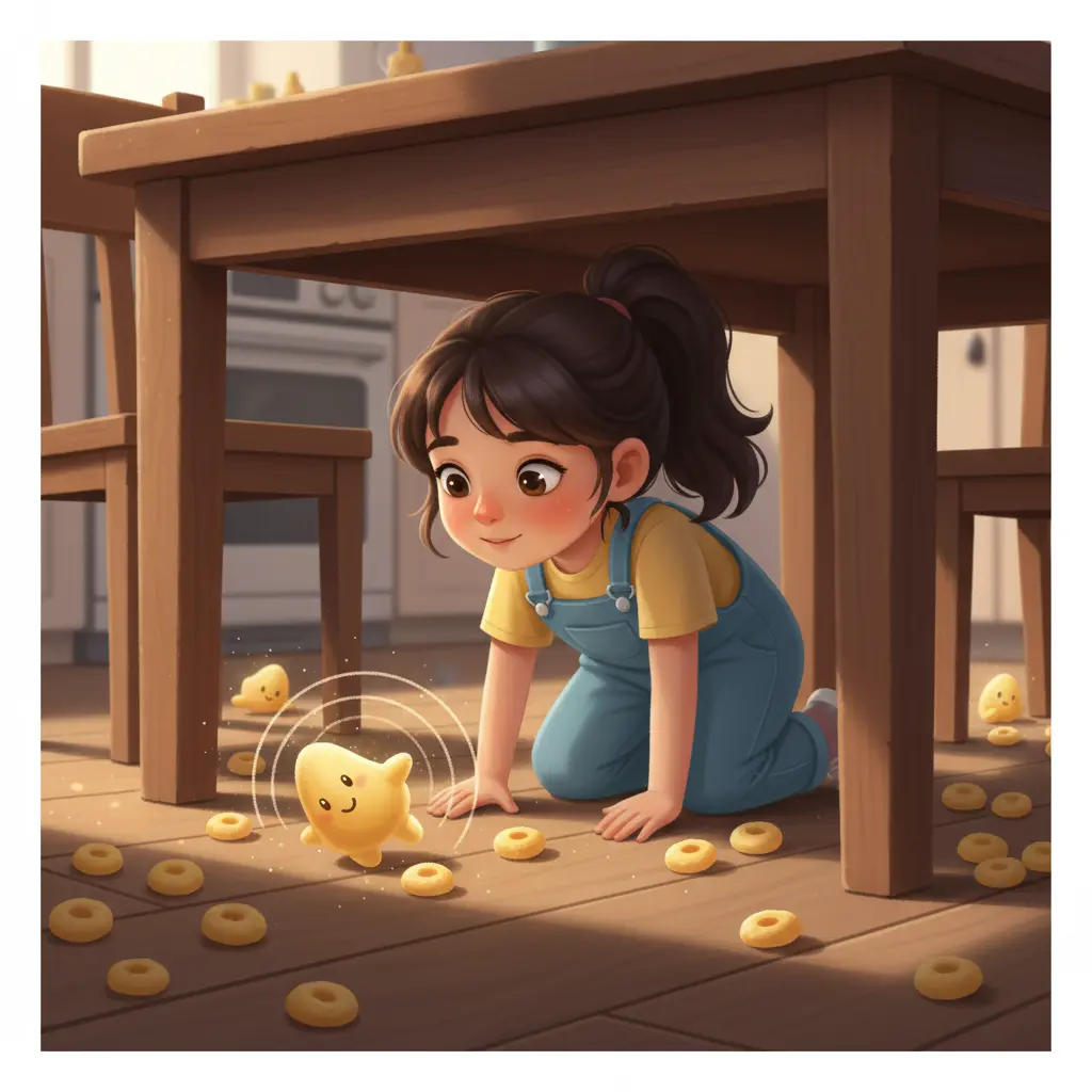 Lucía buscando pepitas de maíz, guiada por Pepita.