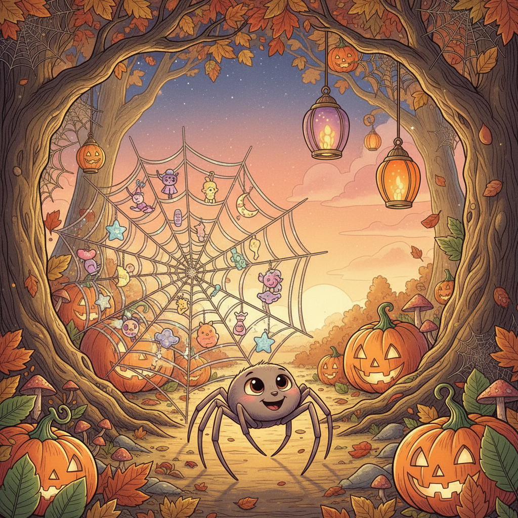 Telarañita, la arañita, se sienta orgullosa junto a su 'telaraña de sueños' en un claro. La telaraña, llena de colores pastel y formas divertidas como caramelos, brilla con la luz cálida del amanecer, creando una escena mágica y alegre.
