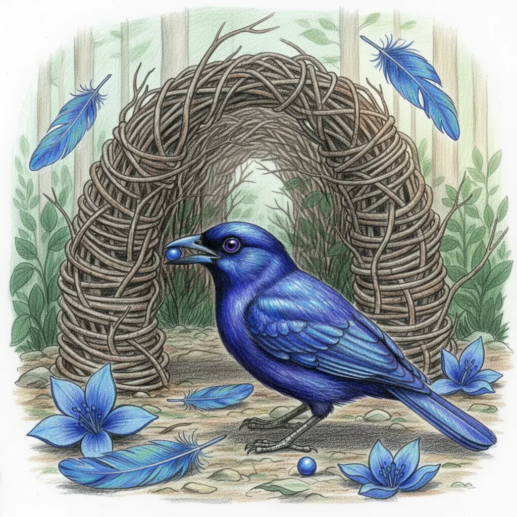 Un pasillo hecho de ramas secas sobre el suelo del bosque con pétalos azules.