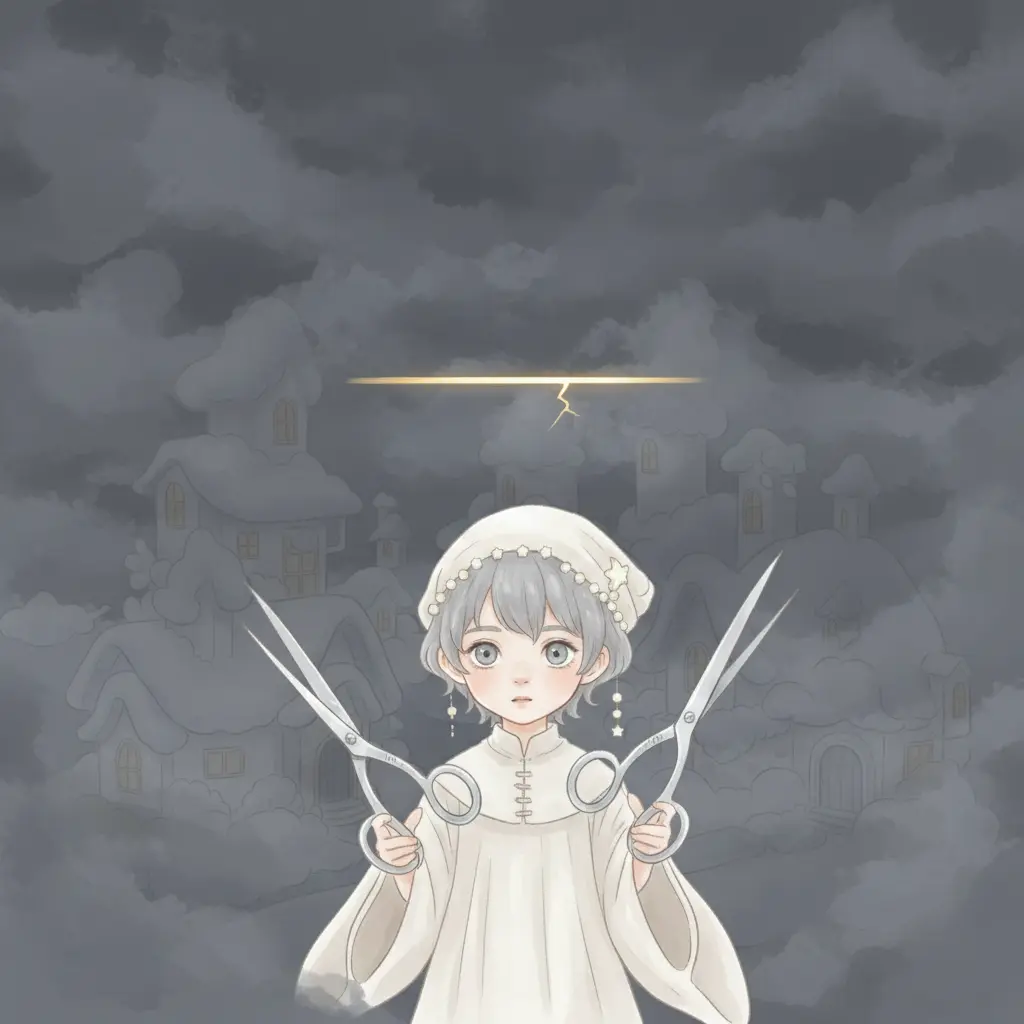 Una gran nube gris cubre el pueblo, mientras Eli levanta sus tijeras para cortar un pedacito y aparece un hilo de luz dorada.