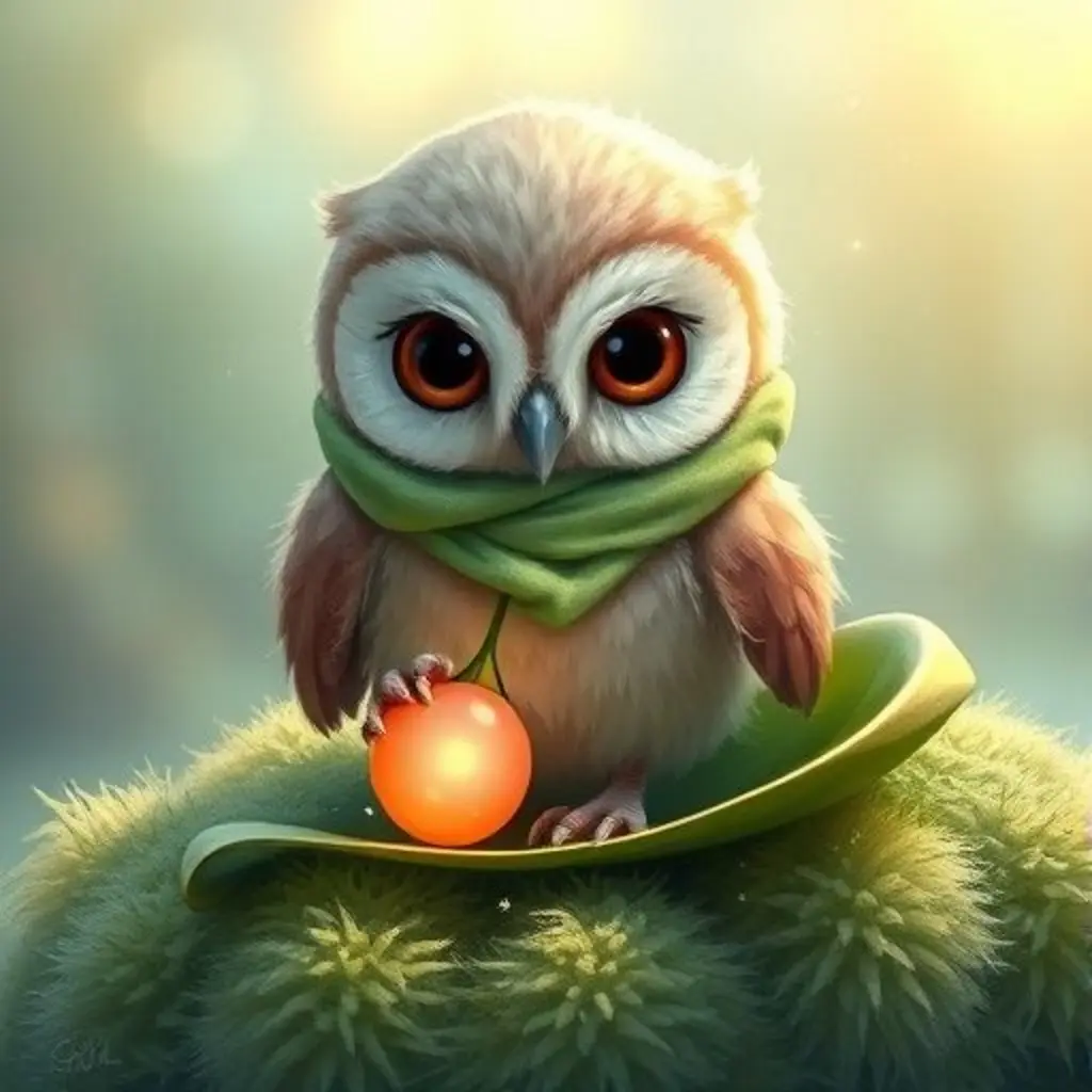 Búhíto aterriza y encuentra una baya brillante en el suelo.