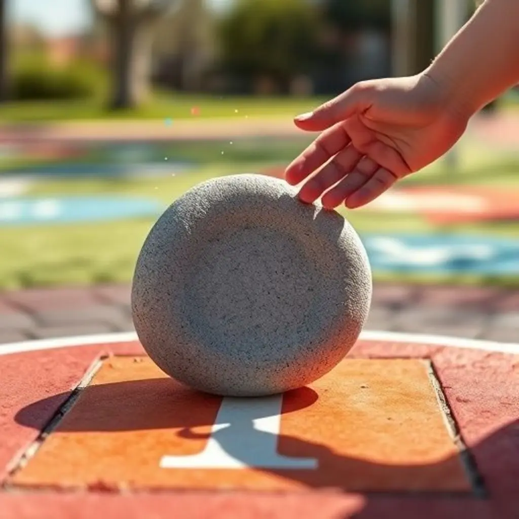 Una piedra lisa llamada Saltarina en un patio de recreo, siendo lanzada por una mano de niña, con destellos de magia a su alrededor.
