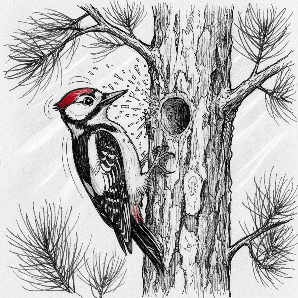 El pájaro carpintero golpeando el tronco a gran velocidad con trozos de madera saltando.