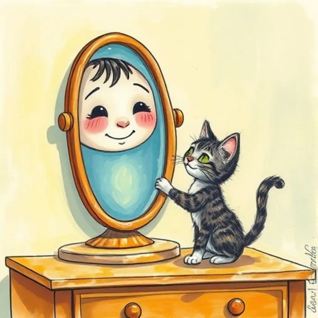 Espejito Reluciente y el gatito juegan con las luces danzarinas, llenando la habitación de alegría.