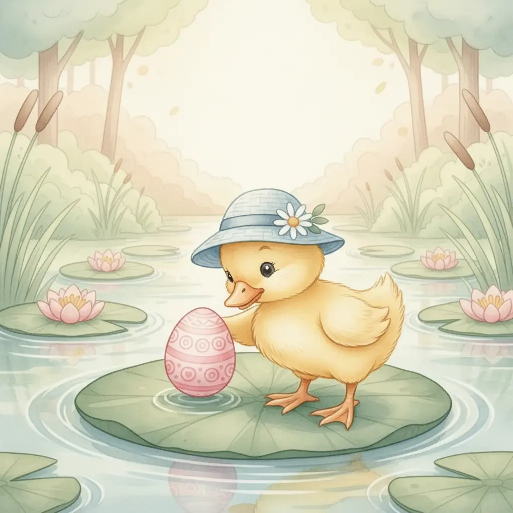 El patito pone un huevo sobre una hoja de lirio que flota en el agua.