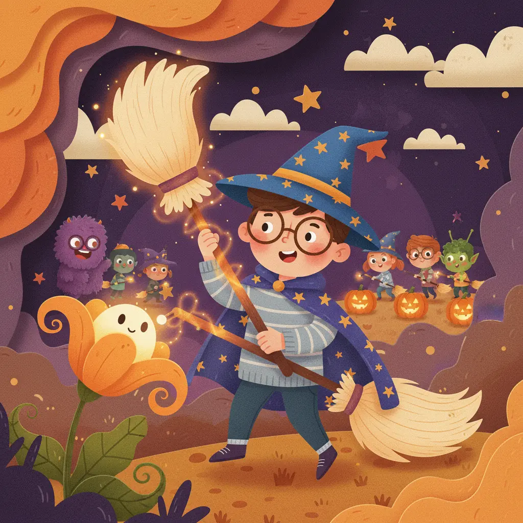 Nico, un niño con gafas, montado en su escoba Turboseta, se desvía de la carrera para oler una flor gigante de calabaza bajo la luna de Halloween.