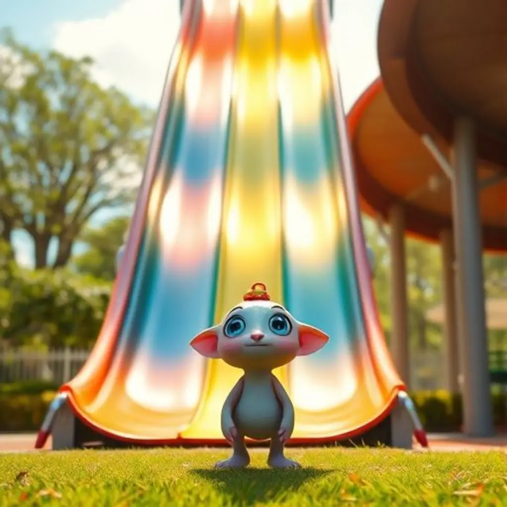 Nuno, un ser brillante con ojos curiosos, mira un tobogán gigante en un parque soleado.