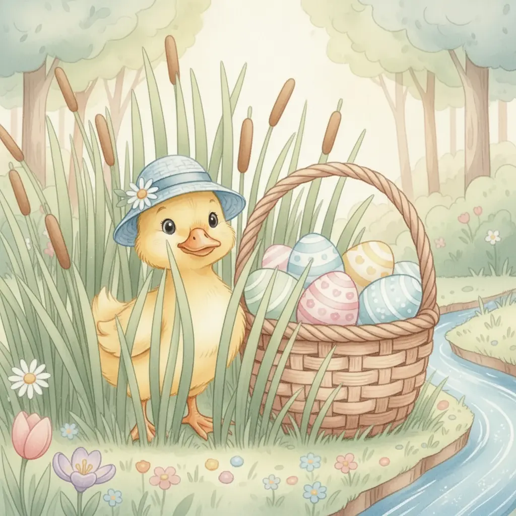 Un patito con sombrero azul encuentra una cesta de huevos entre juncos verdes.