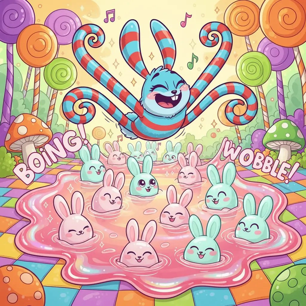 El Conejo Saltimbanqui lidera su desfile de conejitos de gelatina.