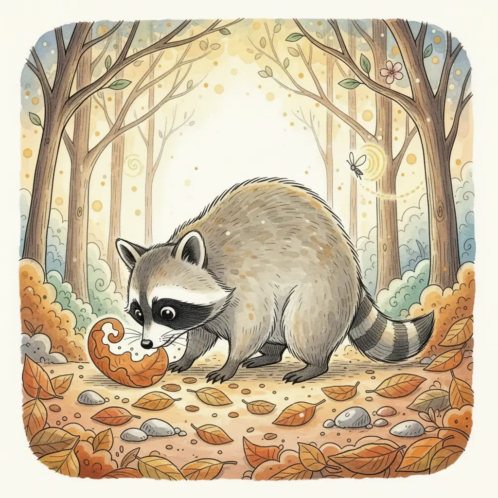 Curiosín el mapache, con su nariz inquieta, explora el suelo del bosque.