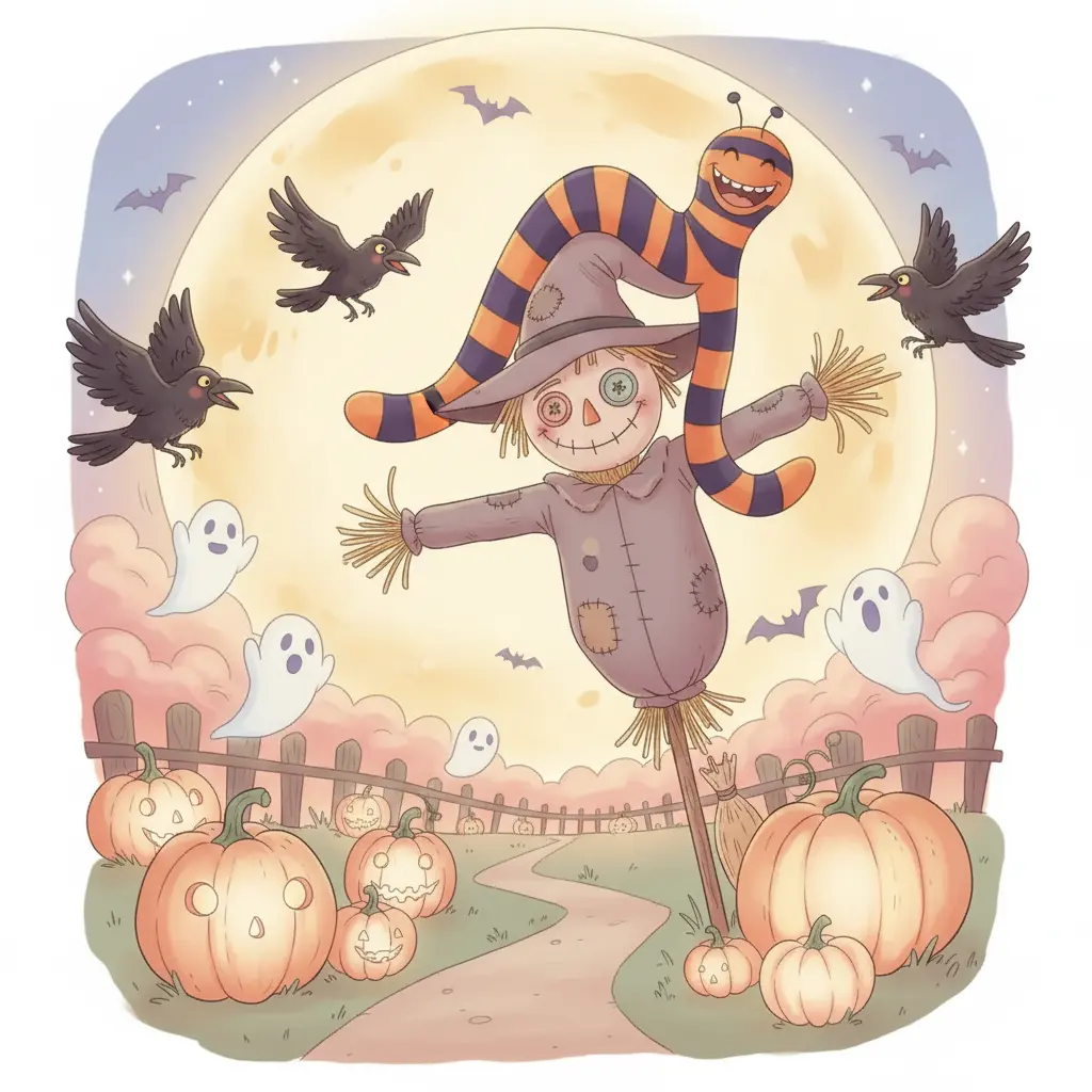 Patoso y el espantapájaros bailan cómicamente, espantando cuervos que se ríen y llenando la huerta de alegría.