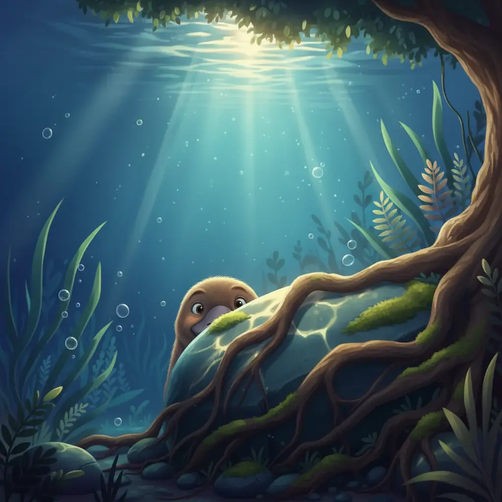 Plin el ornitorrinco se esconde discretamente entre las rocas y raíces del río.