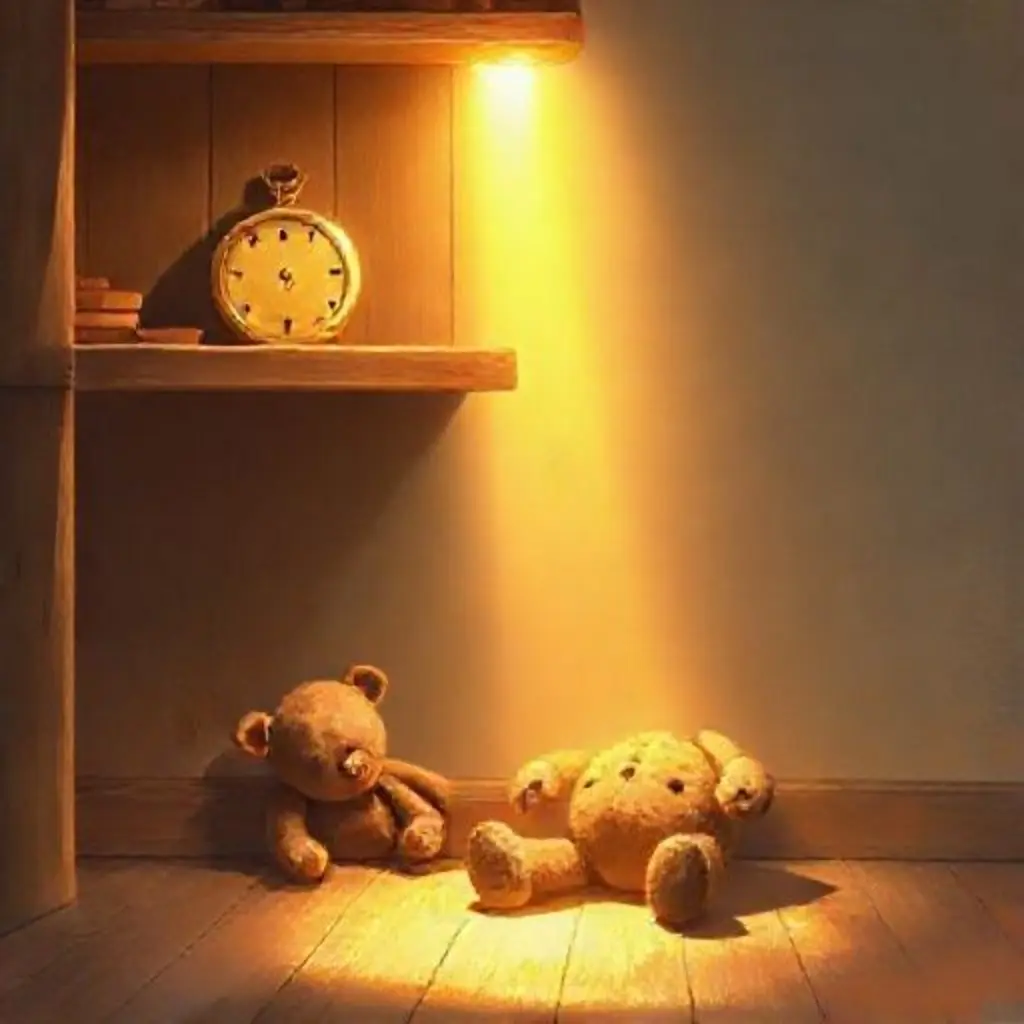 Tic-Tacio brillando con luz dorada hacia un viejo osito de peluche.