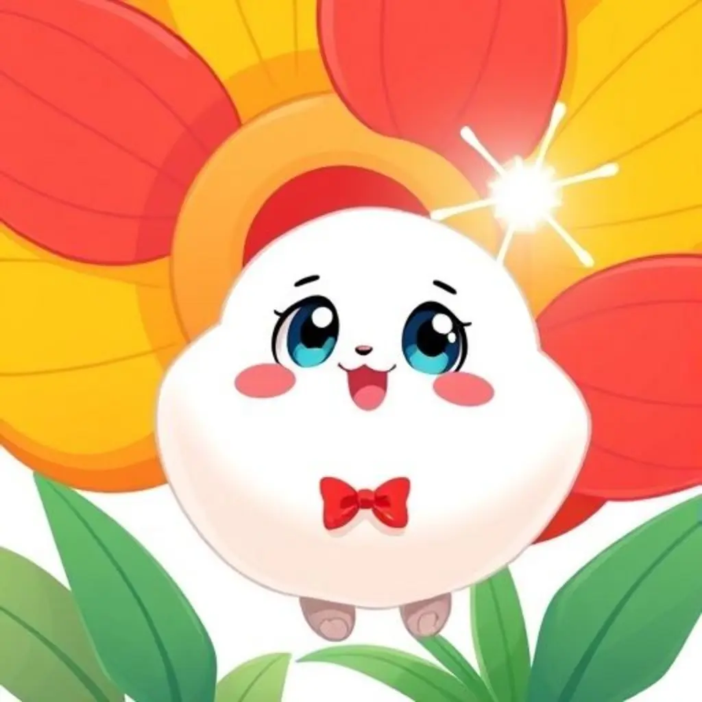 Pompon, una nube de algodón, mira un brillo detrás de una flor gigante.