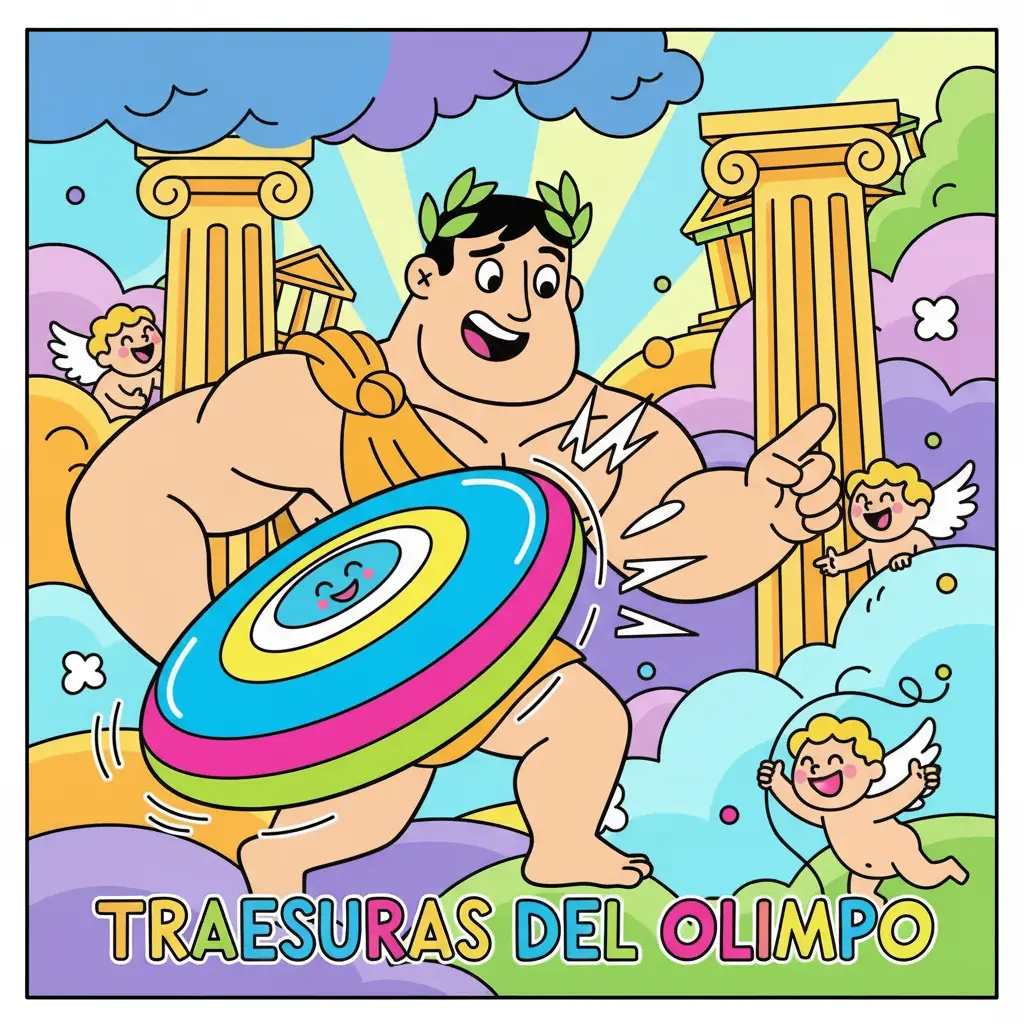 Hércules persigue el disco rebotador entre las columnas y ninfas riendo.