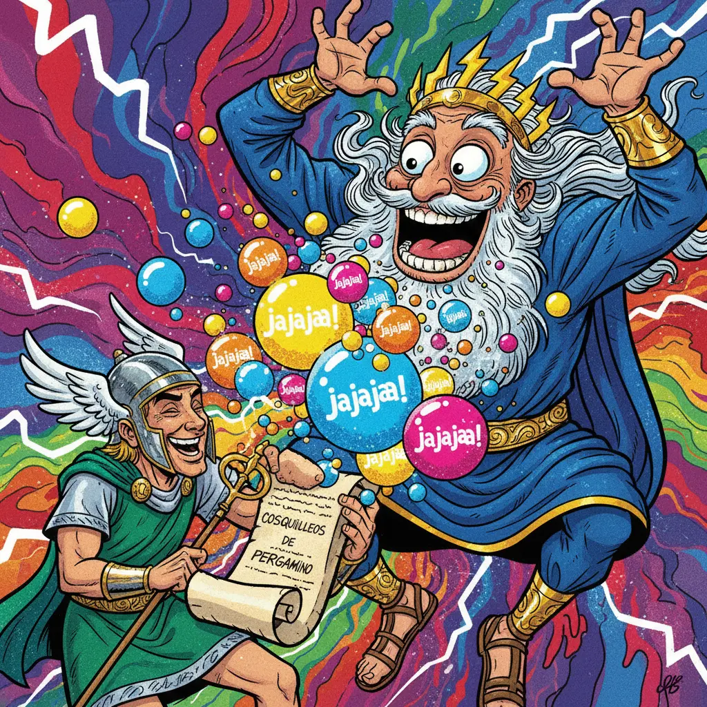 Un dios recibe un pergamino de Hermes y estalla en una risa exagerada por los cosquilleos.