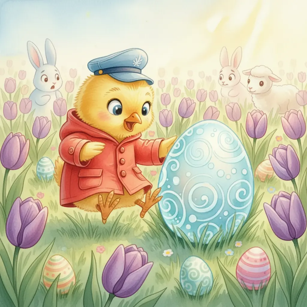 Un pollito amarillo con chubasquero rojo encuentra un huevo azul gigante en un campo de tulipanes.