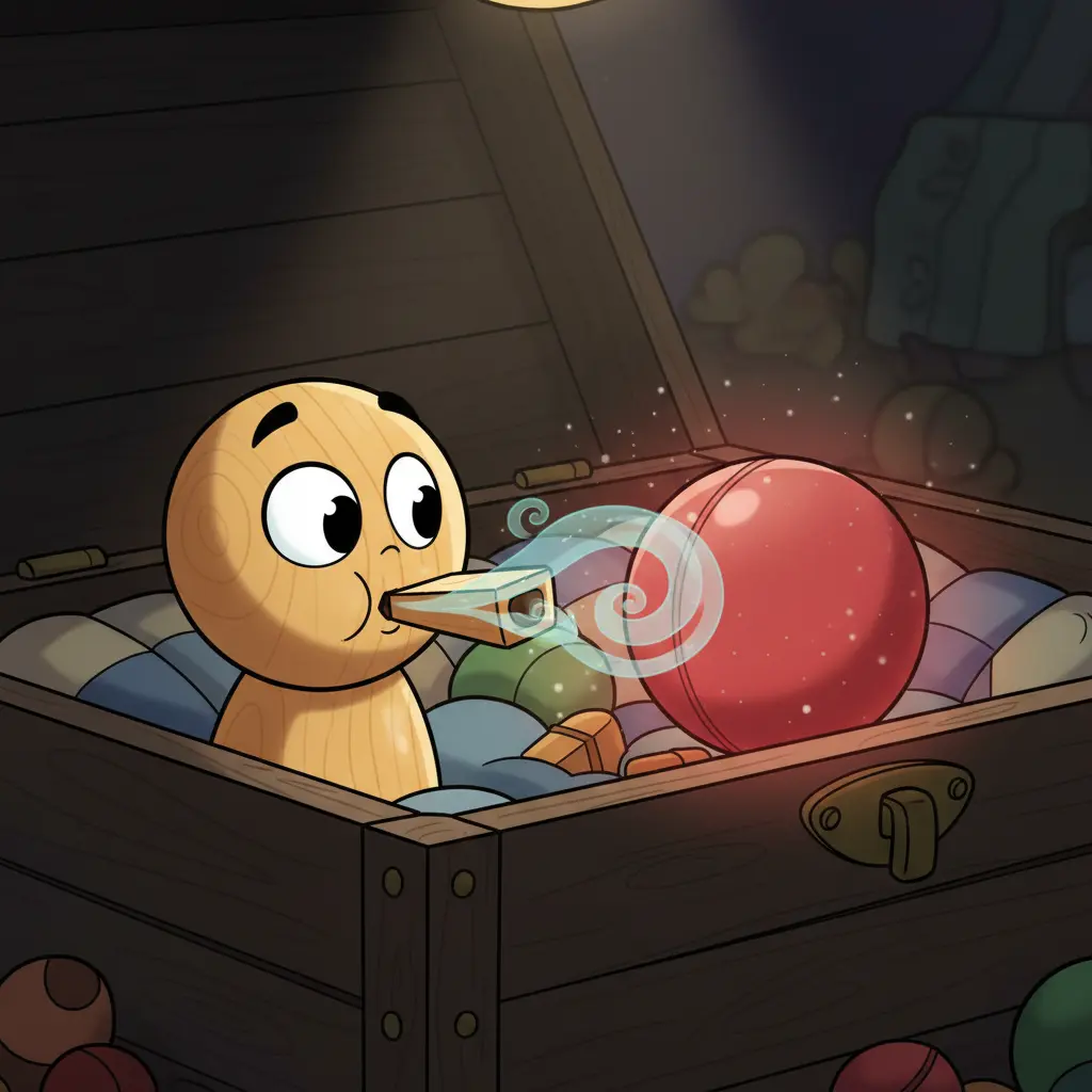 Pío, un silbato de madera, sopla suavemente y una pelota roja apagada empieza a brillar.