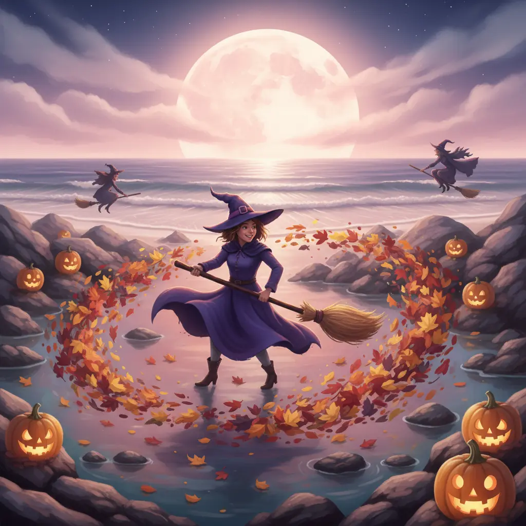 Bruja Berta y Vuelín bailan con hojas coloridas en un remolino en la playa.