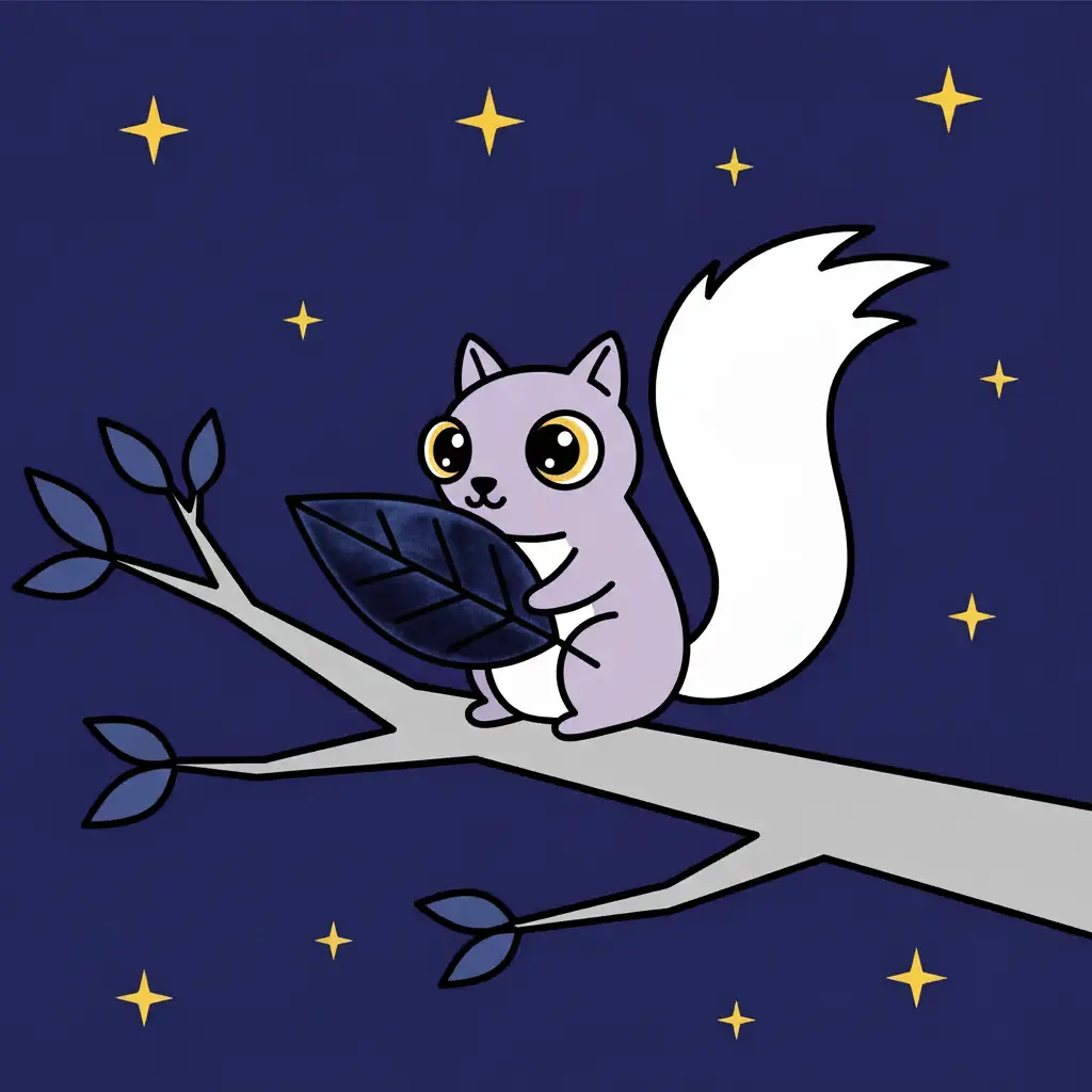 La ardilla lavanda tocando una hoja muy grande y de color azul oscuro.