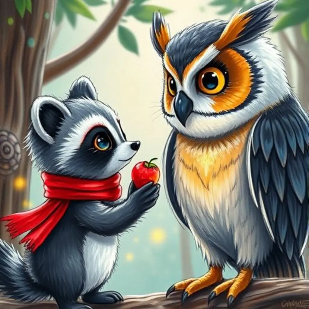 Pipín le ofrece una baya a Plumasueño, y el búho empieza a brillar.