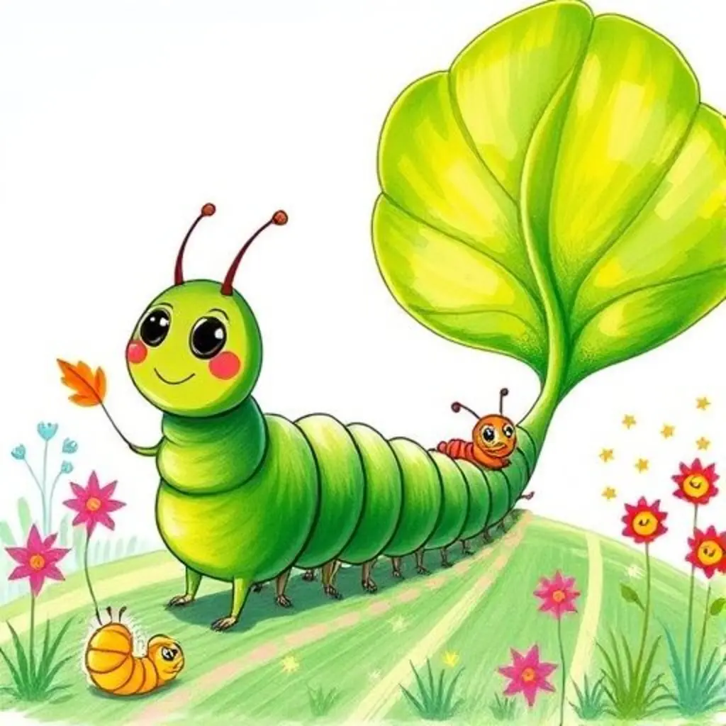 Rosita lidera a orugas felices por un camino de estrellas hacia una hoja gigante.