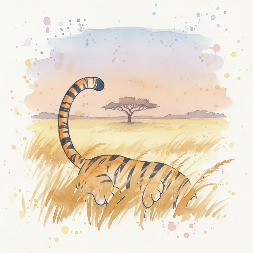 Una cola rayada y dos patas grandes y suaves de tigre apareciendo entre la vegetación dorada.