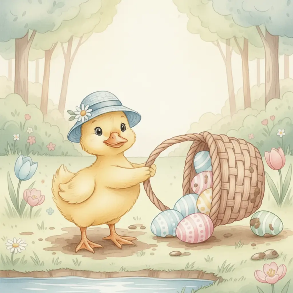 La cesta se vuelca y los huevos de colores ruedan por el suelo.