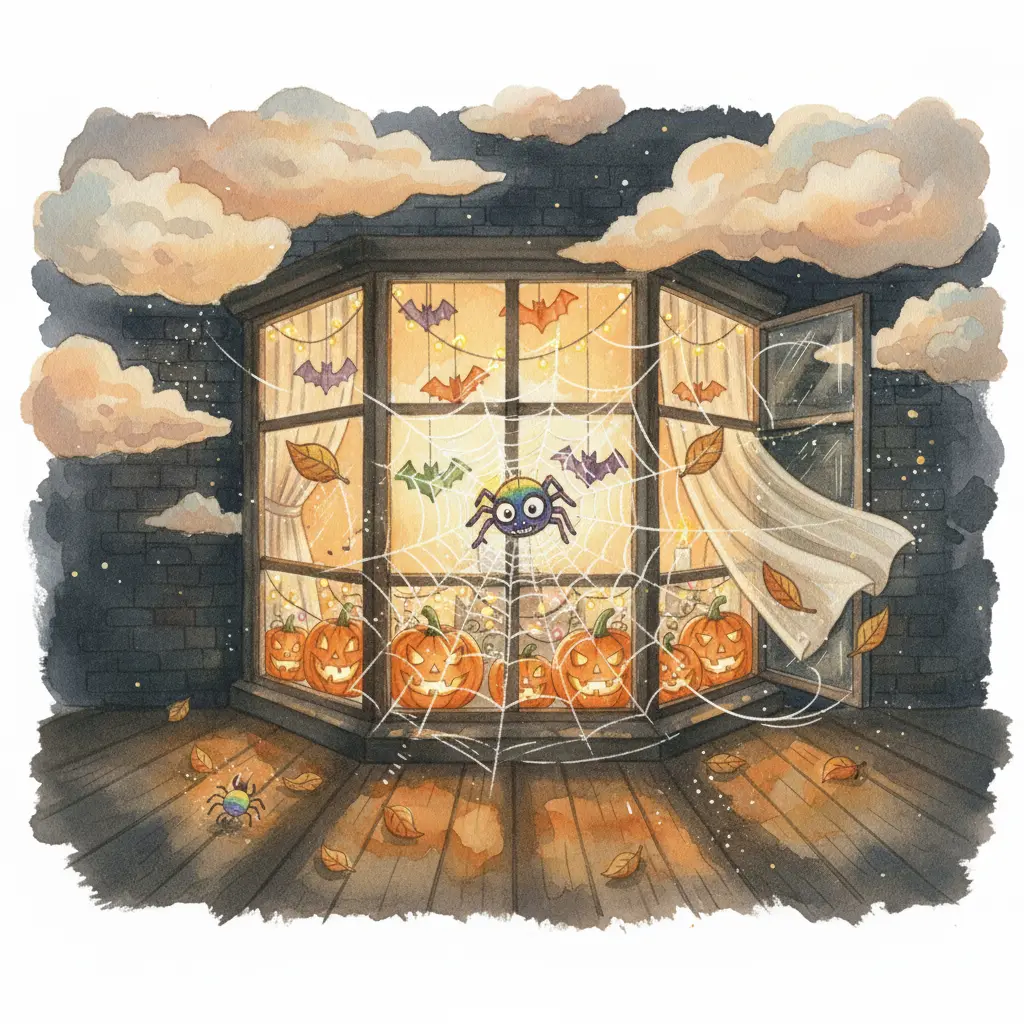 El viento travieso sopla y desordena la telaraña de Seda, que intenta arreglarla con determinación.