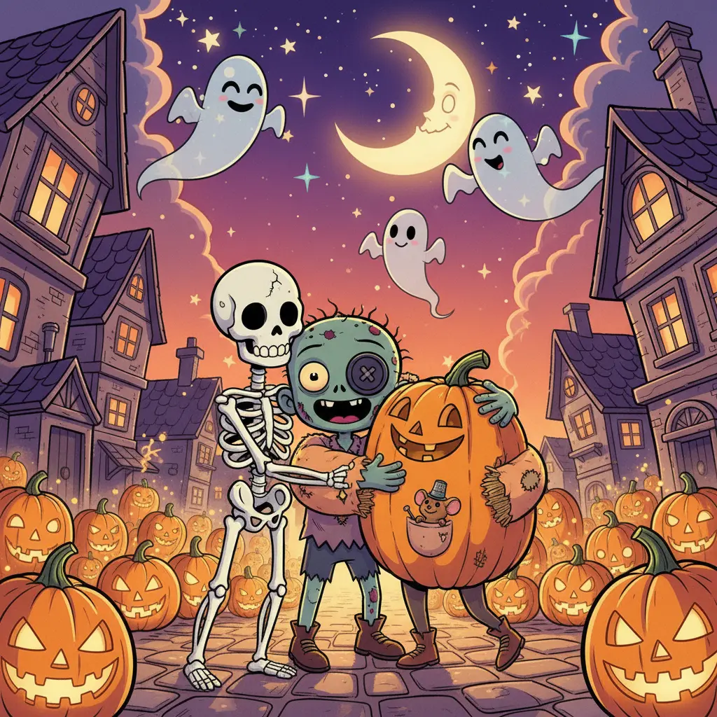 Zombo abraza a sus amigos con brazos suaves y acolchados, mientras el ratón sastre sonríe, en una noche de Halloween cálida y festiva.