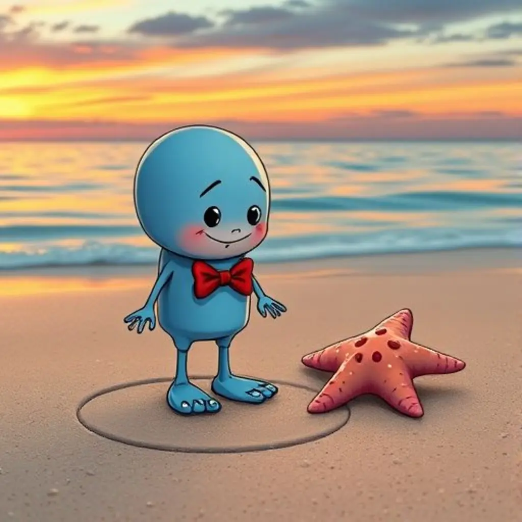 Moli, el afilador, busca su piedra en la arena, mientras Estela, una estrella de mar, lo mira amablemente.