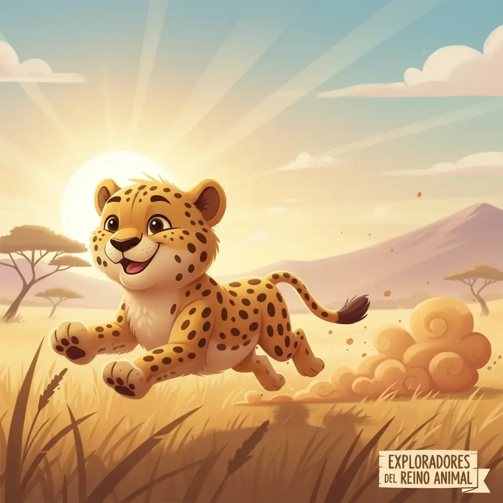 Júpiter el guepardo corre veloz por la sabana, su sombra se difumina detrás.
