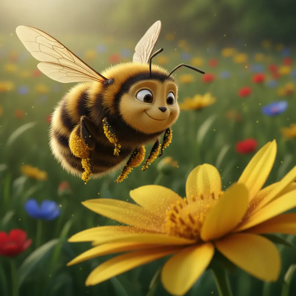 La abejita Zumbadora sobre una flor amarilla, recogiendo polen con sus patitas.