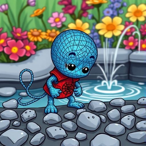 Tapito busca su botón entre piedras grises cerca de la fuente.