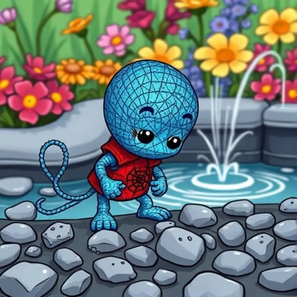 Tapito busca su botón entre piedras grises cerca de la fuente.