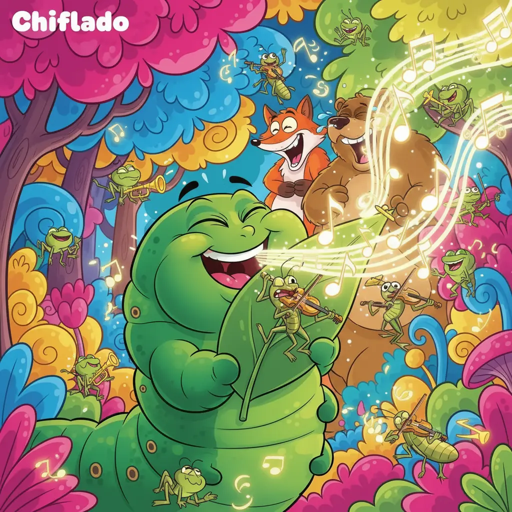 La oruga se ríe a carcajadas con su nueva voz, mientras los animales del bosque se divierten.