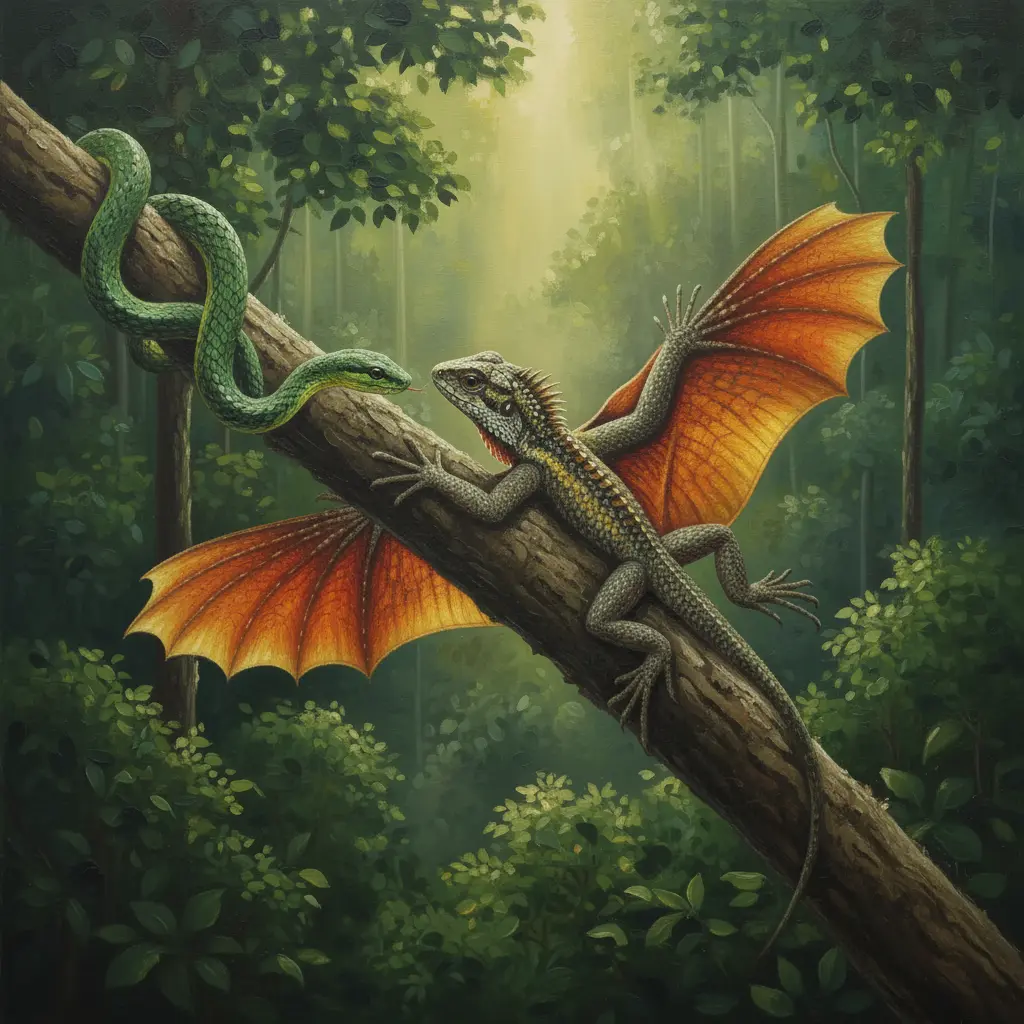 Una serpiente verde bajando por una rama hacia el lagarto que está listo para correr.