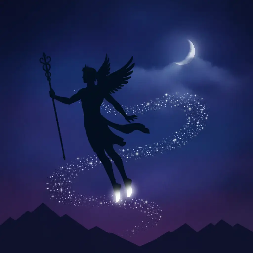Hermes, el mensajero, comienza su vuelo dejando pequeñas estrellas a su paso.