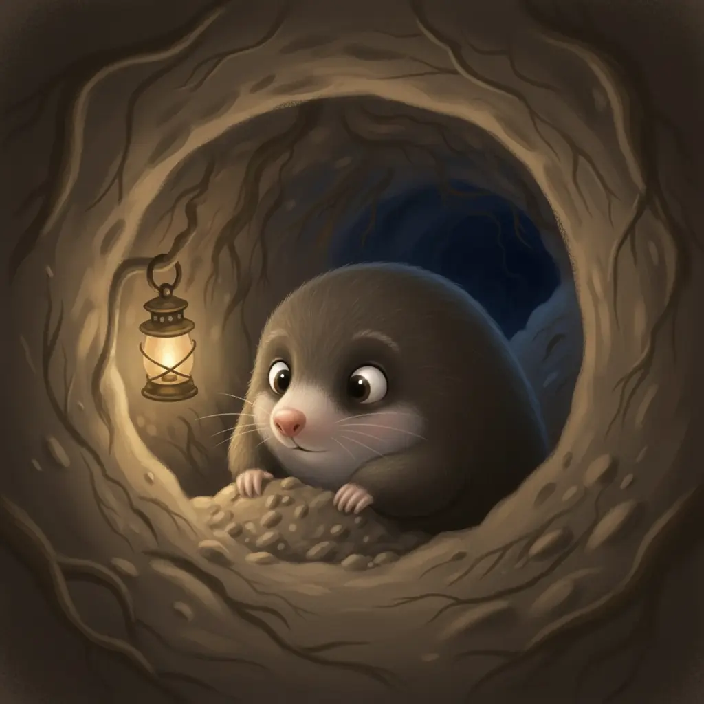 Topito Curioso cavando en un túnel oscuro, buscando las estrellas.