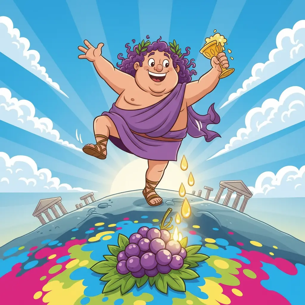 Dionisio, el dios de la diversión, derrama néctar mágico sobre un campo de uvas.